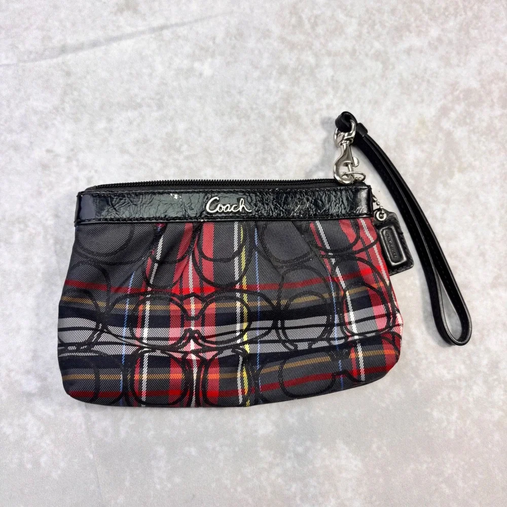 Coach Signature Plaid Wristlet Y2K Black Red Tartan Zip Pouch